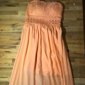 Floor-length satin and crochet peach sundress